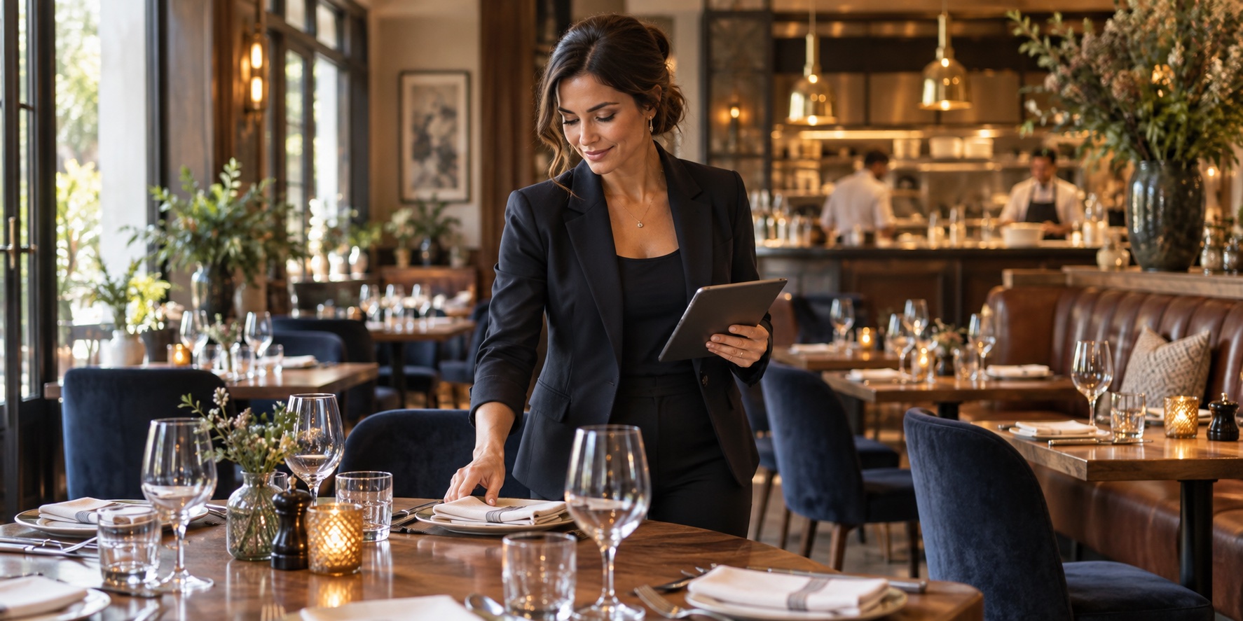 A restaurant manager preparing the dining room before service